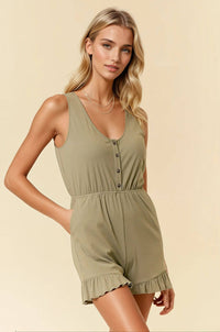 The Sagelee Ruffle Romper: Sage Green – Button Front & Scoop Neck