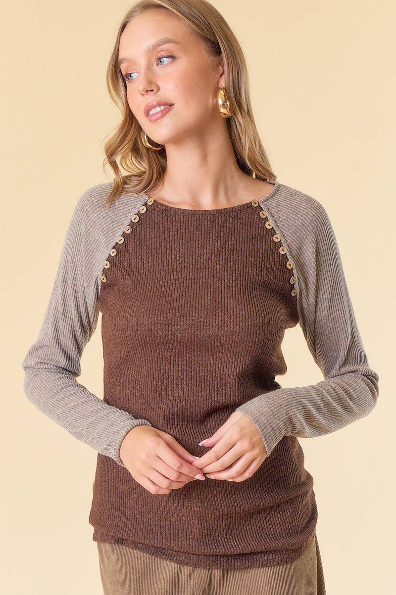 The Jolene Button Detail Knit Top – Mocha