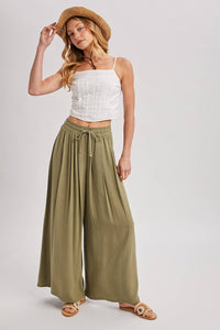 The Everly Flowing Wide Leg Pants: Lt Olive – High Waist Drawstring Palazzo