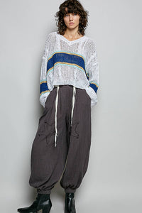 The Rowan Stripe Open Knit Sweater: Off White/  Blue