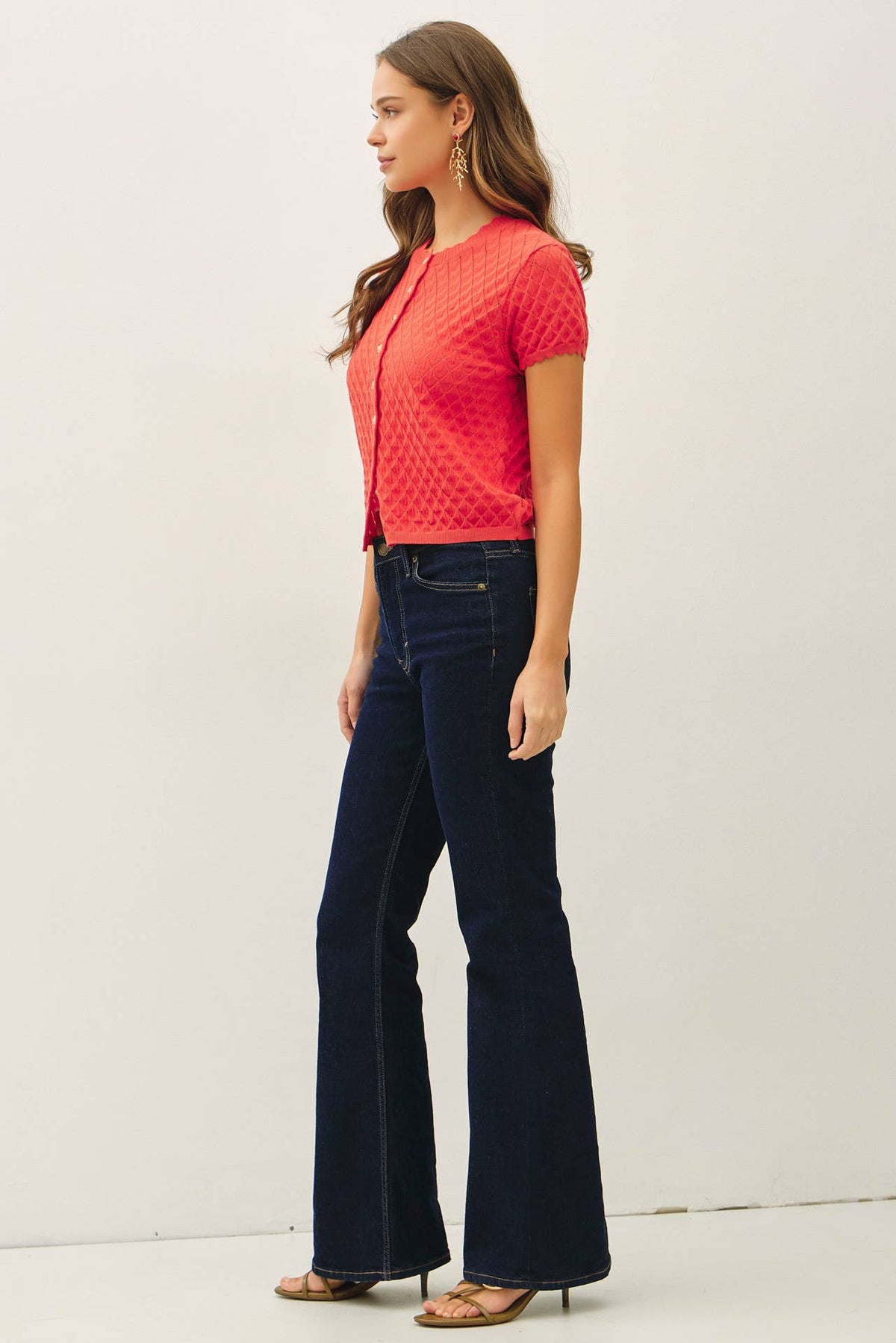 Eloise Pointelle Knit Cardigan: Tomato Red