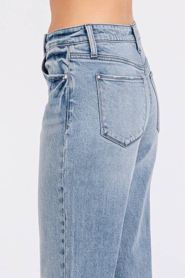 Sawyer Low Rise Baggy Straight Jeans – Light Wash Cuffed Denim with Soft Stretch
