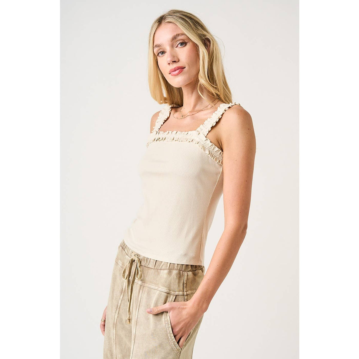 Cream Ruffle Trim Ribbed Tank: Nude