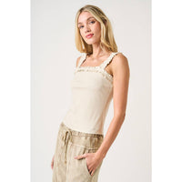 Cream Ruffle Trim Ribbed Tank: Nude