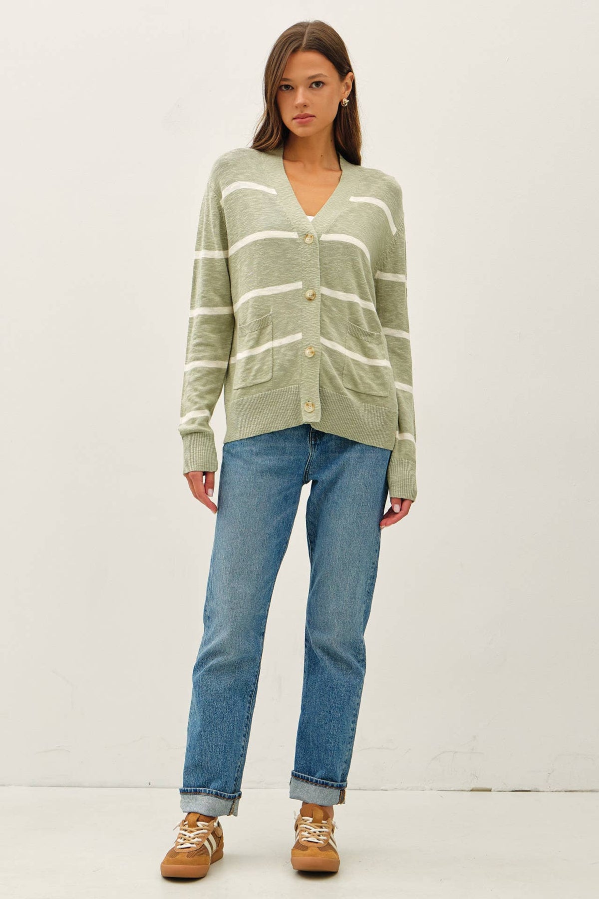 The Sutton Striped Oversized Cardigan: Soft Sage– Lightweight V-Neck Button Front Sweater for Women