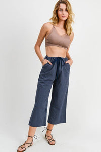 The Hallie Cropped Stripe Pant – Navy Wide Leg Drawstring Trousers