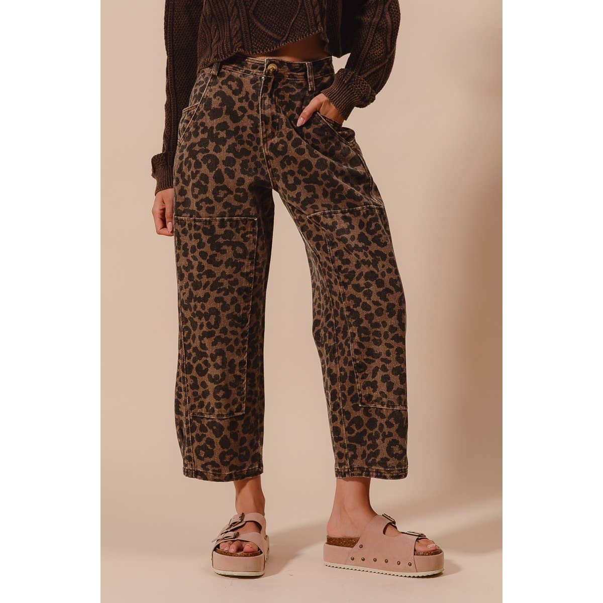 The Wild Side Leopard Barrel Jeans: Mocha