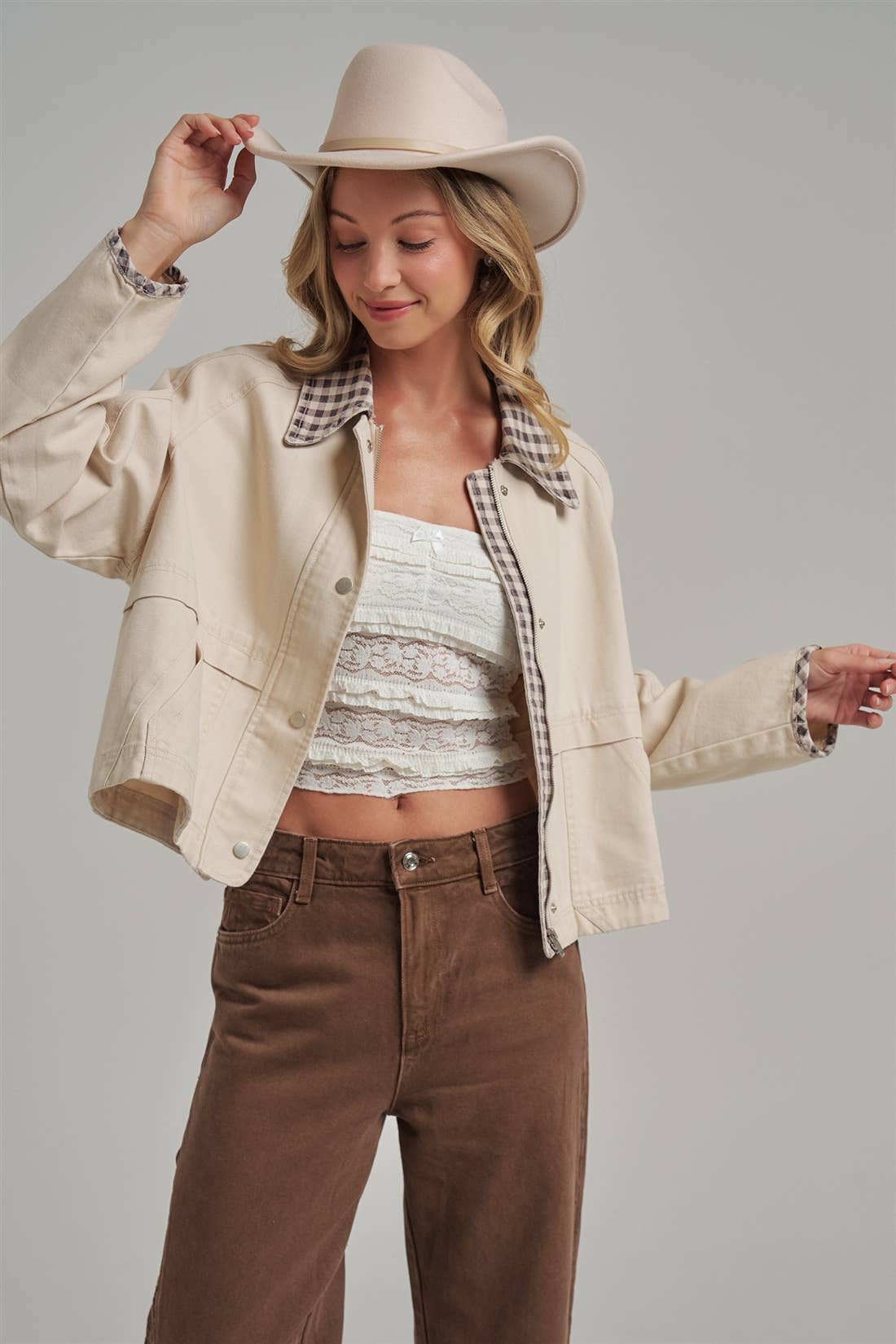 Checked Out Canvas Jacket: Oatmeal/ Brown