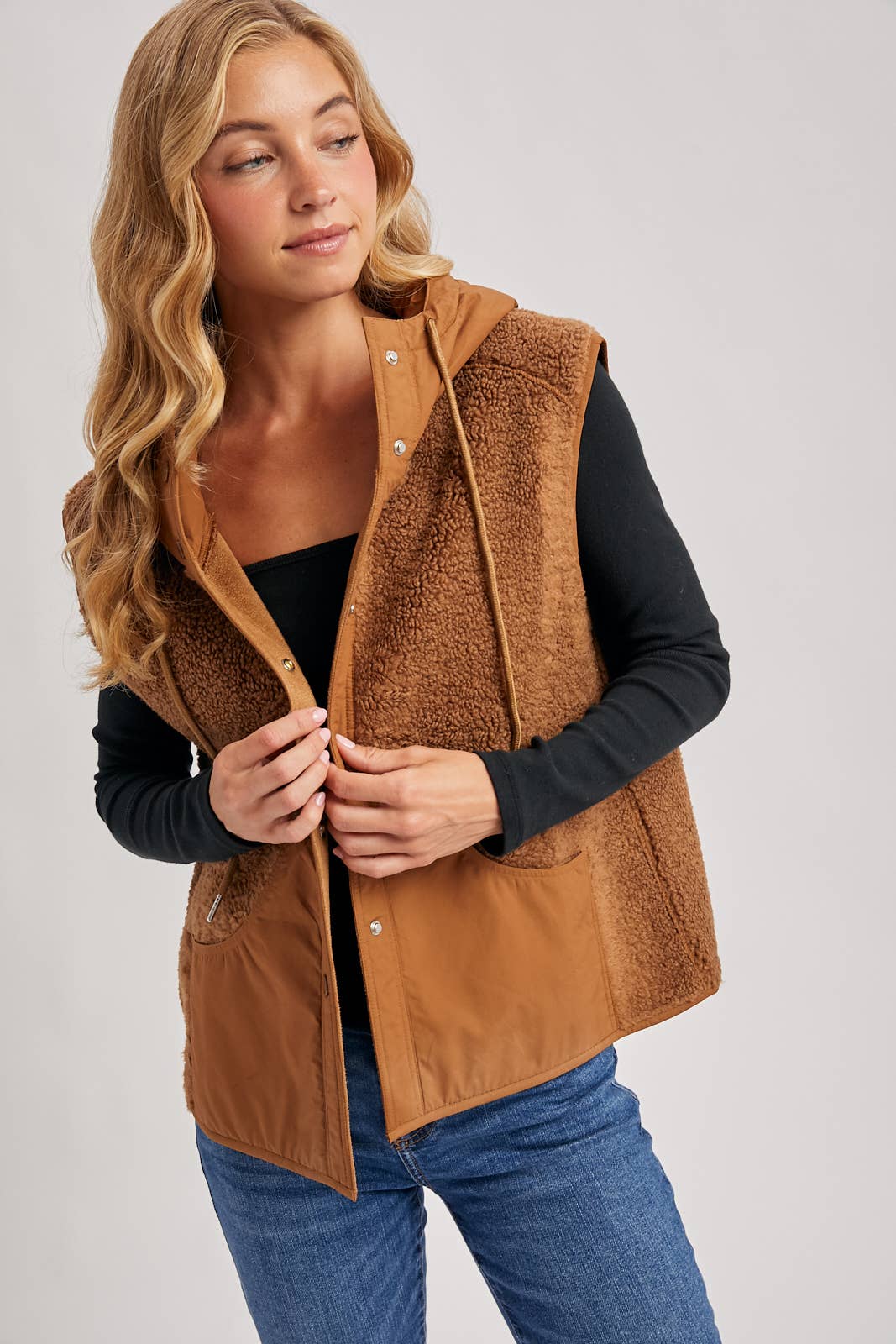 Timberline Teddy Hooded Vest – Mixed Media Sherpa Layering Piece | Northern Belle Boutique