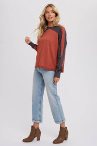 Sutton Contrast Sleeve Oversized Long Sleeve Top – Chestnut & Olive