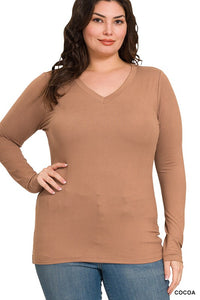 Harper Brushed Microfiber V-Neck Long Sleeve Tee – Buttery Soft Basic (S–3X)