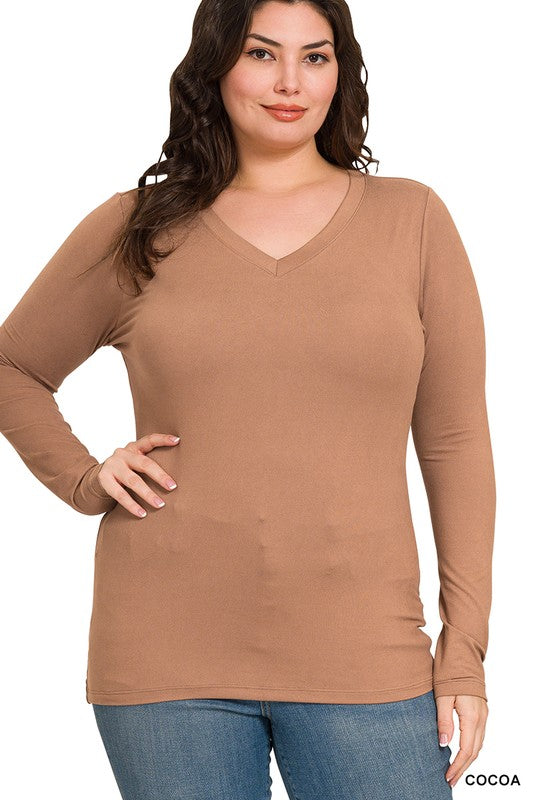 Harper Brushed Microfiber V-Neck Long Sleeve Tee – Buttery Soft Basic (S–3X)