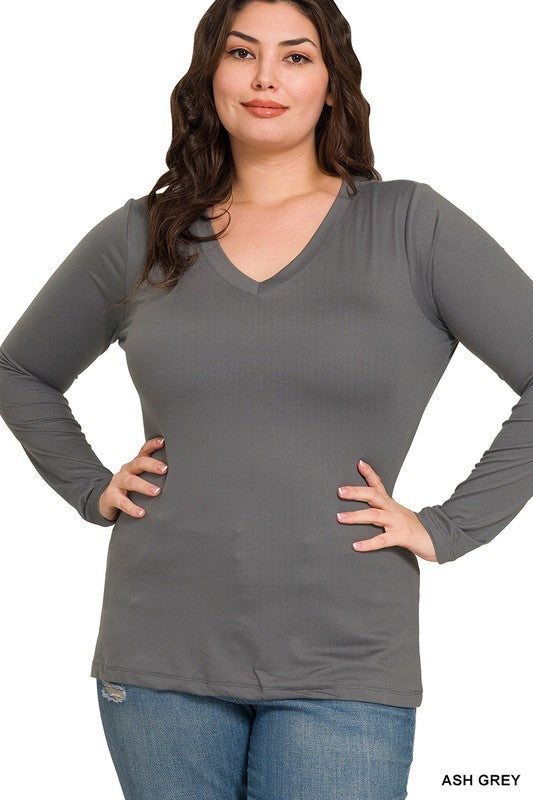 Harper Brushed Microfiber V-Neck Long Sleeve Tee – Buttery Soft Basic (S–3X)