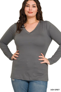 Harper Brushed Microfiber V-Neck Long Sleeve Tee – Buttery Soft Basic (S–3X)