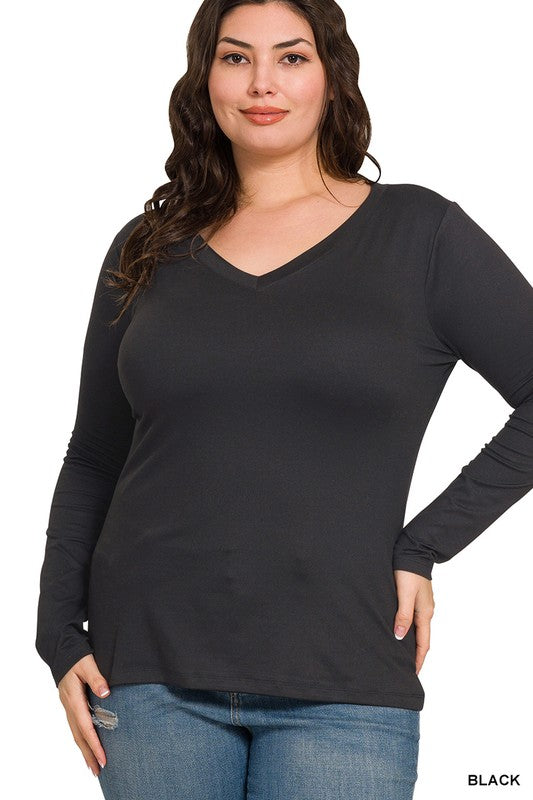 Harper Brushed Microfiber V-Neck Long Sleeve Tee – Buttery Soft Basic (S–3X)