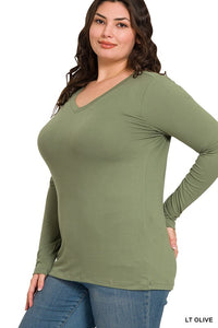 Harper Brushed Microfiber V-Neck Long Sleeve Tee – Buttery Soft Basic (S–3X)