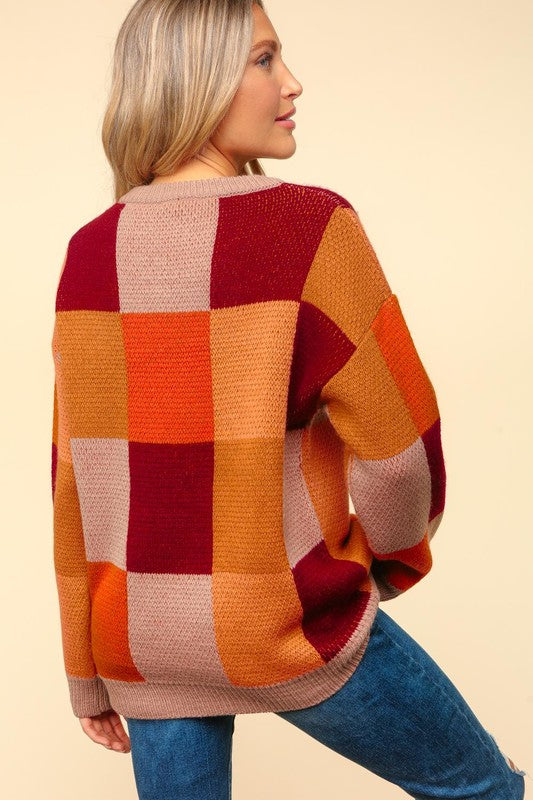 Autumn Vines Cozy Checkered Pullover Sweater: Taupe/ Burnt Orange/ Wine