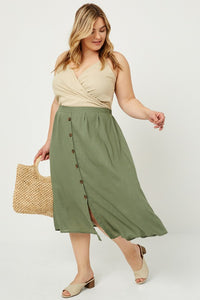 Alexandra Plus Size Button-Down Linen Blend Midi Skirt: Olive