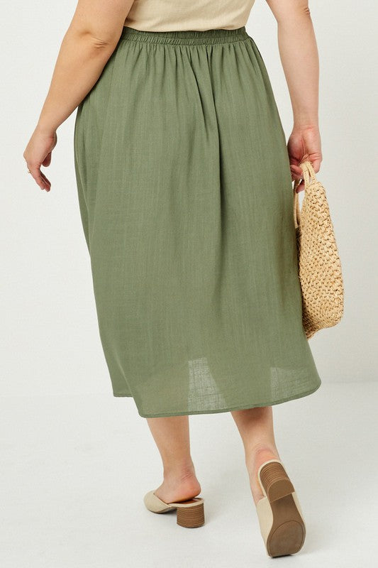 Alexandra Plus Size Button-Down Linen Blend Midi Skirt: Olive