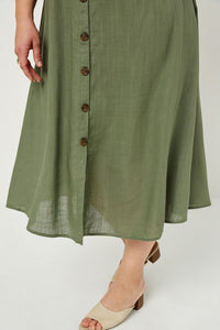 Alexandra Plus Size Button-Down Linen Blend Midi Skirt: Olive