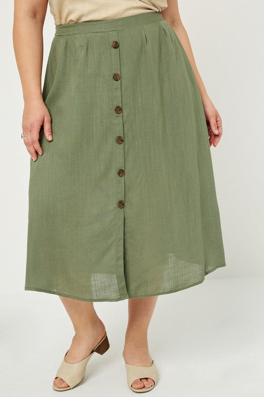 Alexandra Plus Size Button-Down Linen Blend Midi Skirt: Olive