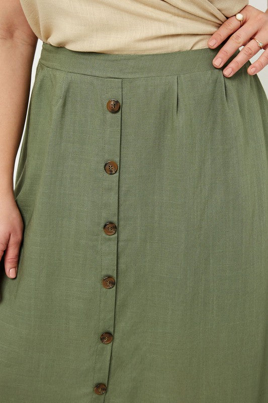 Alexandra Plus Size Button-Down Linen Blend Midi Skirt: Olive