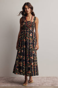 The Meadow Breeze Smocked Midi Dress: Black – Cotton Tiered Boho Dress with Pockets