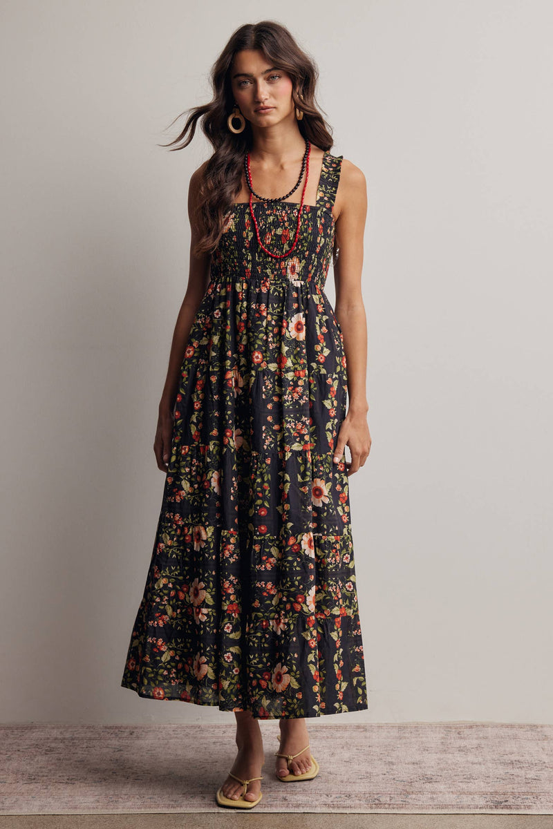 The Meadow Breeze Smocked Midi Dress: Black – Cotton Tiered Boho Dress with Pockets