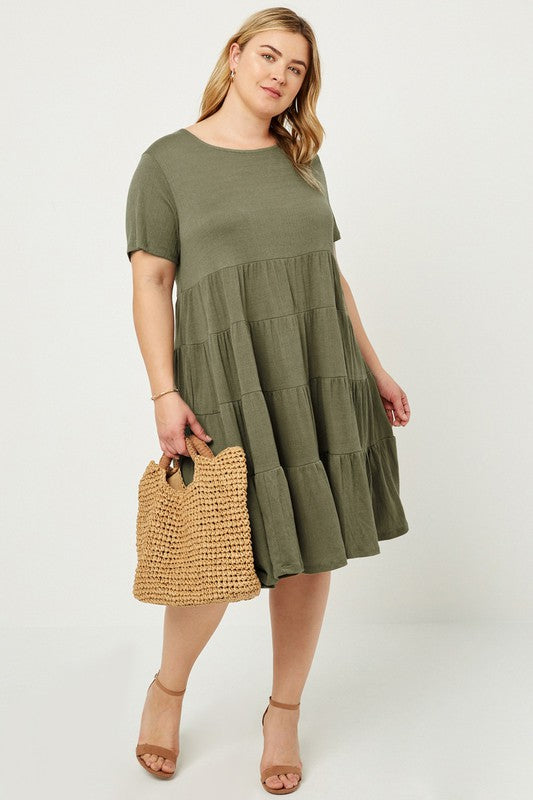 Hannah Plus Size Ribbed Midi Swing Dress: Olive