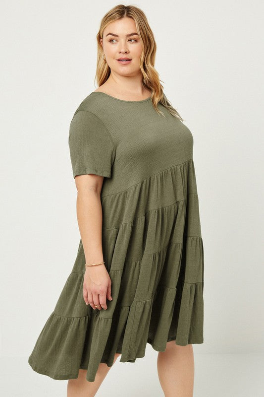 Hannah Plus Size Ribbed Midi Swing Dress: Olive