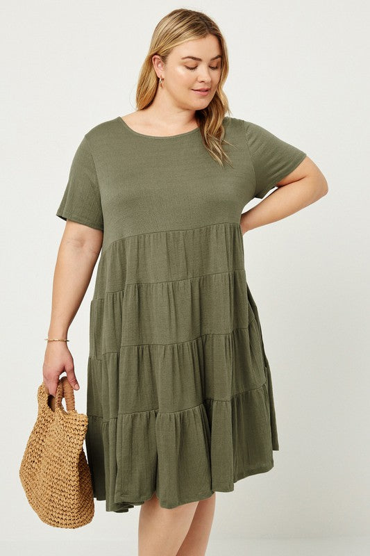 Hannah Plus Size Ribbed Midi Swing Dress: Olive