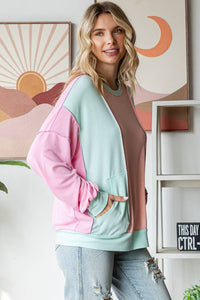 Amiee Sping Colorblock Pullover Crew Neck Long Sleeve Top: Mint