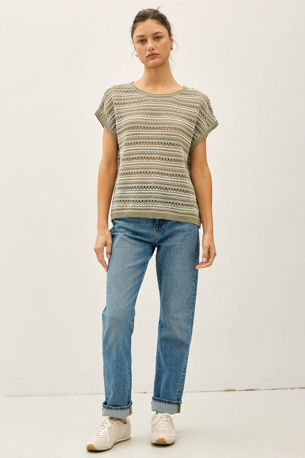 The Alessia Striped Crochet Sweater Top: Sage  – Oversized Boat Neck Spring Knit