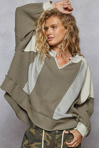 Notched Neck Contrast Fabric Basic Long Sleeve Top SALE: GREY MULTI / L