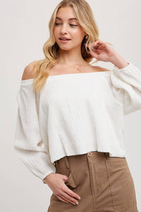 Mikey Linen Off the Shoulder Balloo Hem Top: Ivory