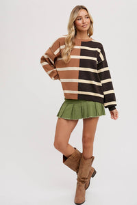 Nikki Striped Color Block Sweater: Mocha Combo