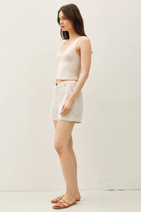 The Ava Linen Shorts – High Rise Button Front Summer Shorts with Pockets