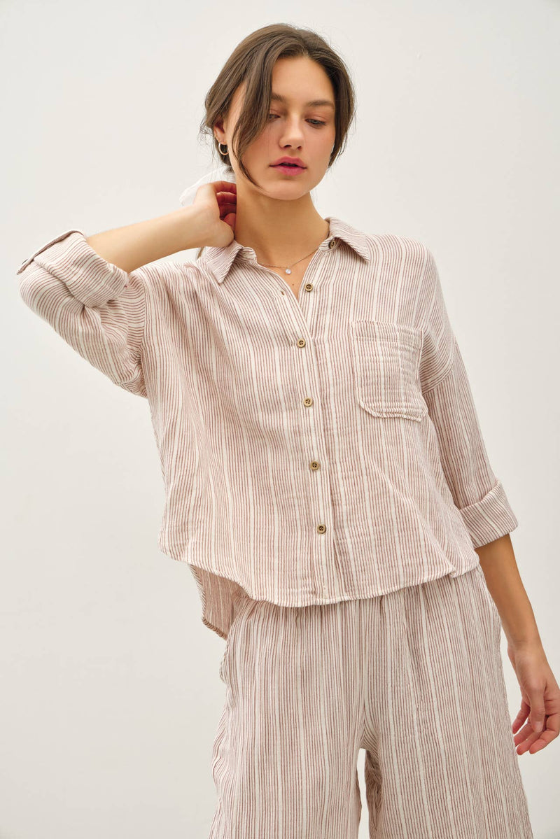 The Dakota Striped Gauze Button-Up Top – Charcoal & Amber