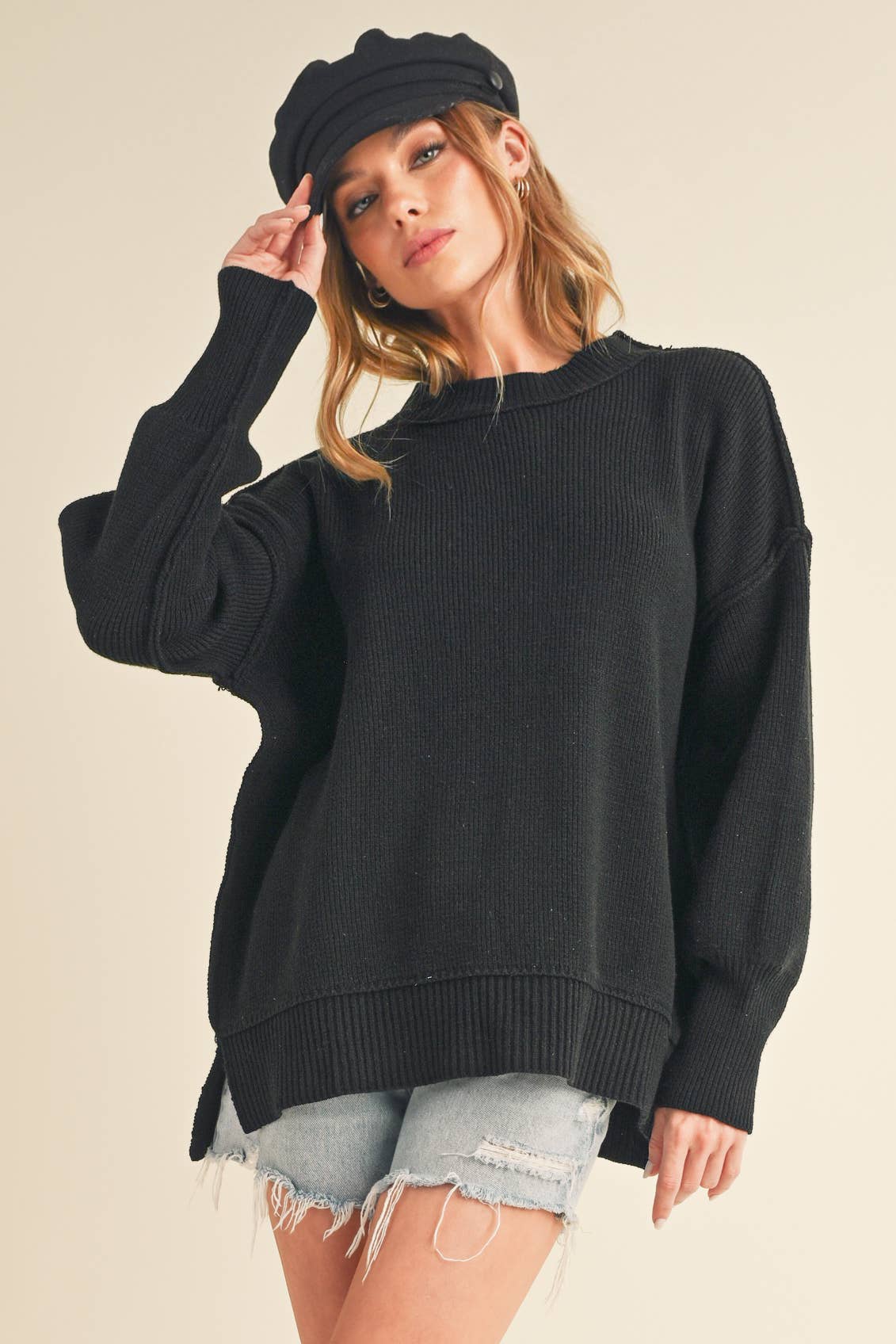 The Ina Slouch Knit Pullover – Exposed Seam Oversized Sweater (Black • Pearl • Olive)