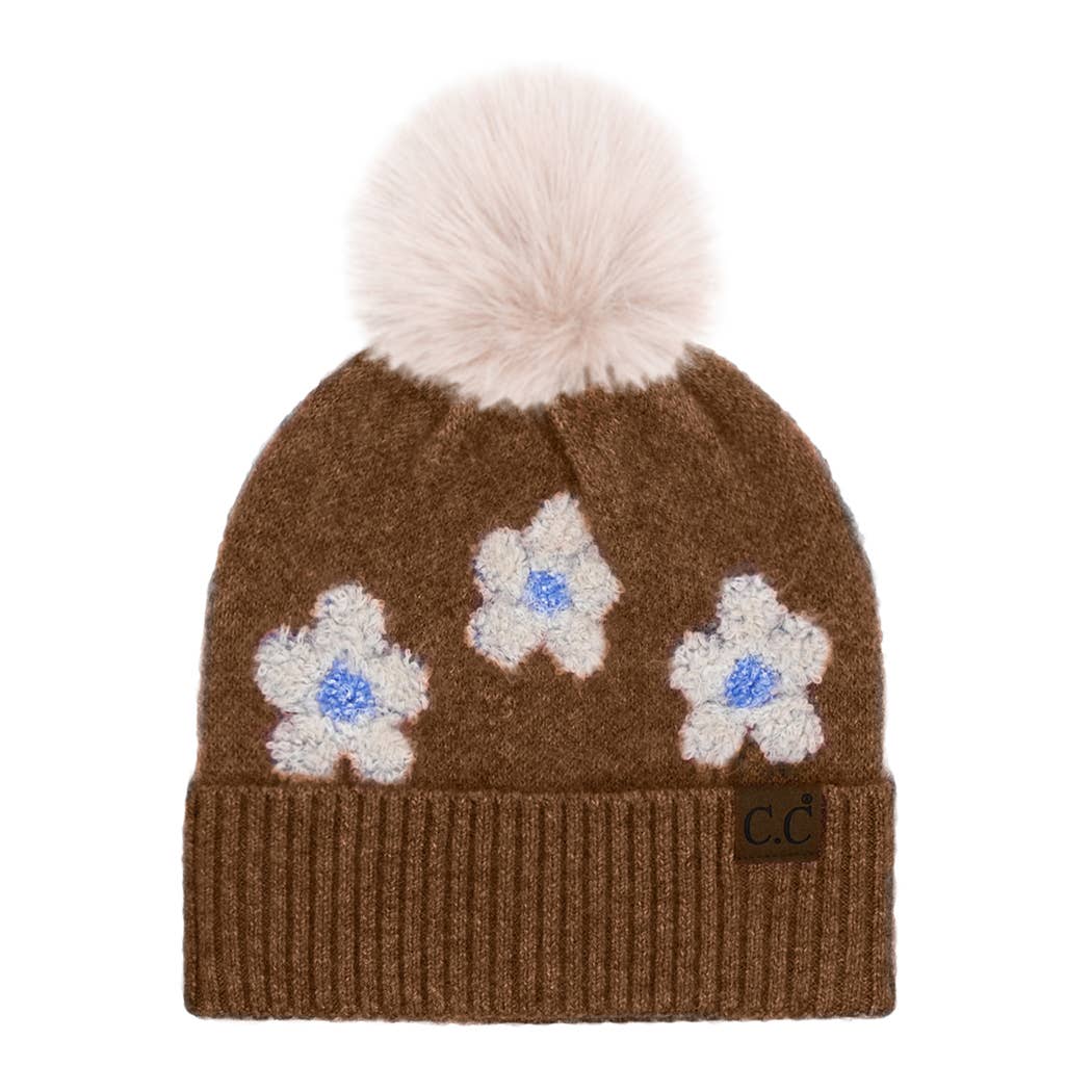 CC Daisy Patch Pom Beanie – Cream Floral Knit Cuff Hat with Faux Fur Pom