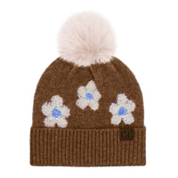 CC Daisy Patch Pom Beanie – Cream Floral Knit Cuff Hat with Faux Fur Pom