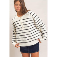Easy Rhythm Stripe Henley Sweater: Cream