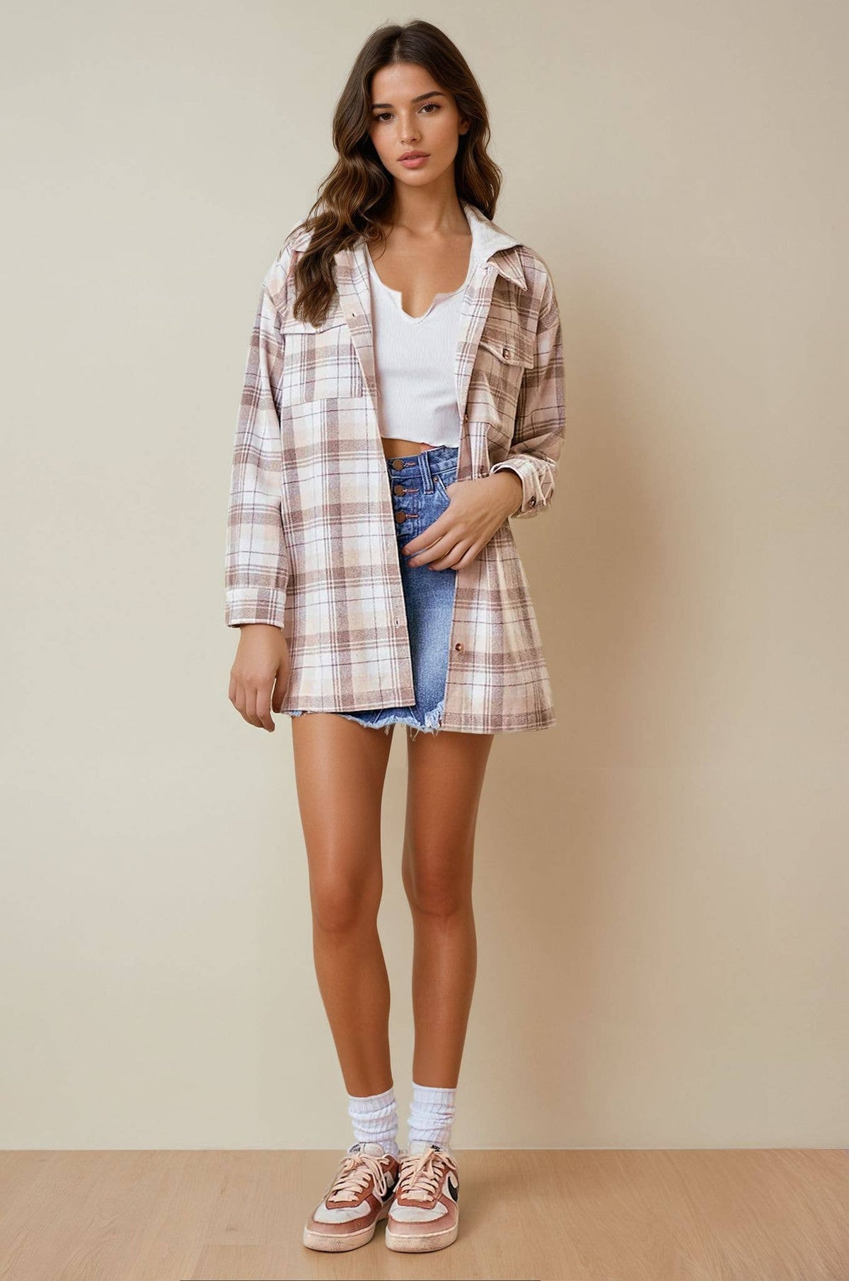 Olivia Hooded Plaid Shacket: Beige