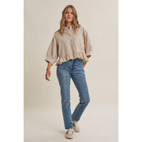MORNING OAT MICRO CHECK RUFFLE HEM BUTTON-DOWN SHIRT: VANILLA / S