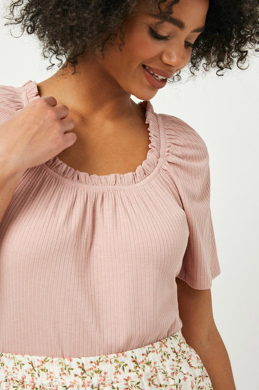 Clarissa Ruffle Detail Knit Top- Mauve