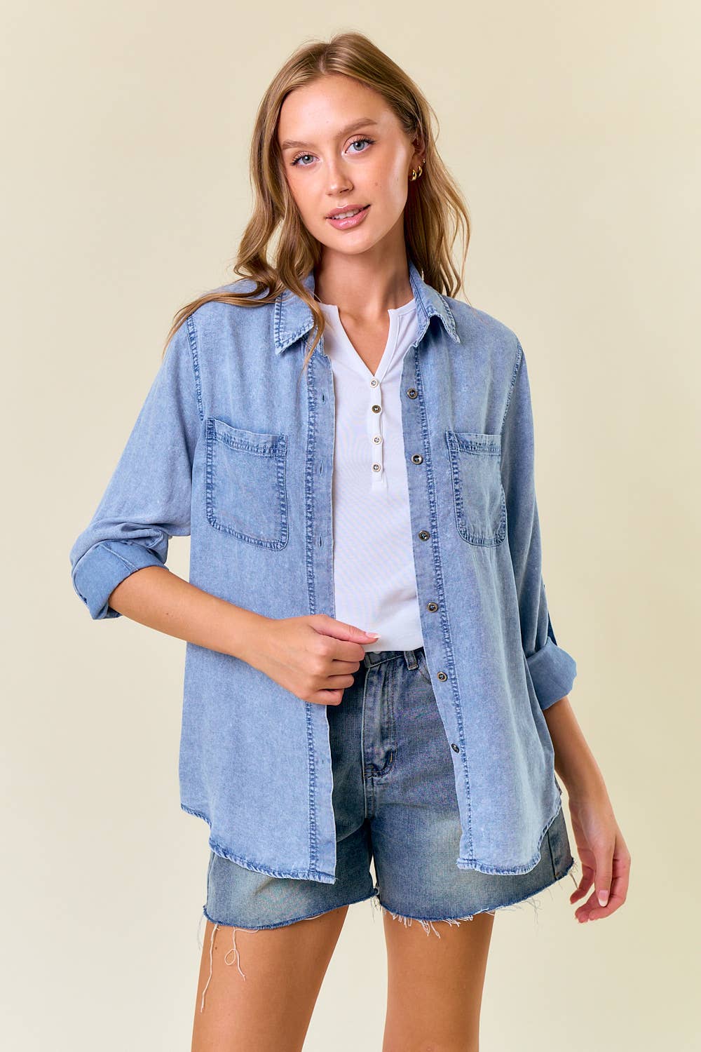 Willow Ridge Tencel Chambray Button Down Shirt: Light Wash – Soft Denim Utility Top for Women
