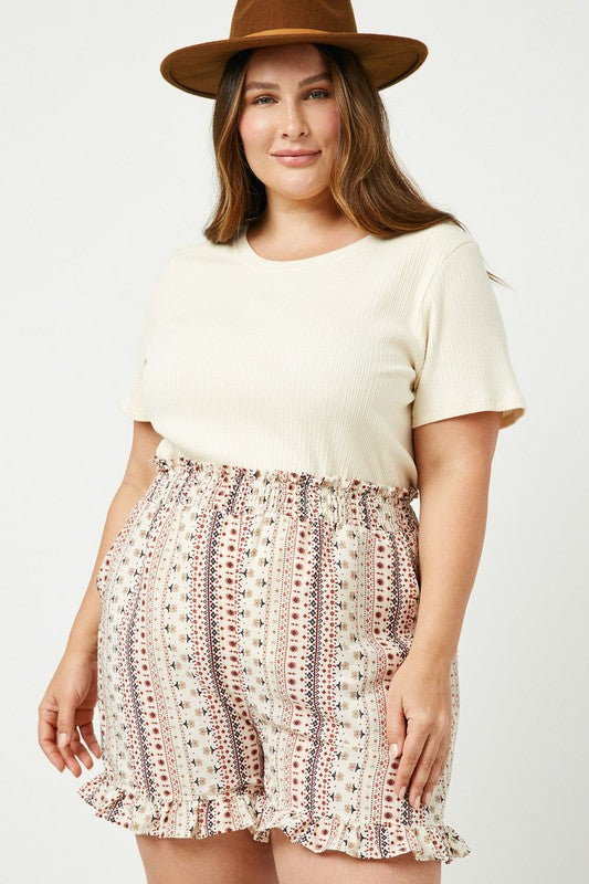 Mira Plus Textured Rib Short Sleeve Knit Top: Cream