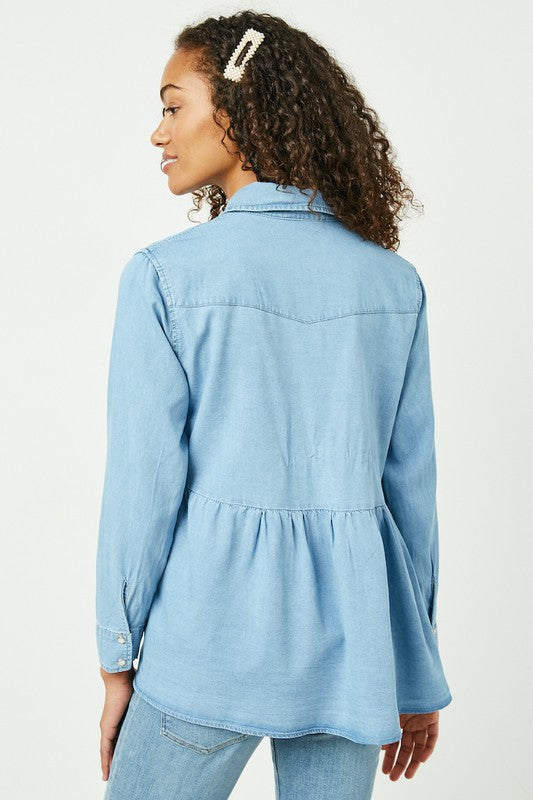 Lottie Button Down Denim Peplum Blouse: Light Denim