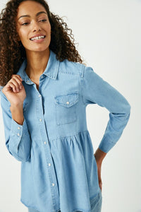 Lottie Button Down Denim Peplum Blouse: Light Denim