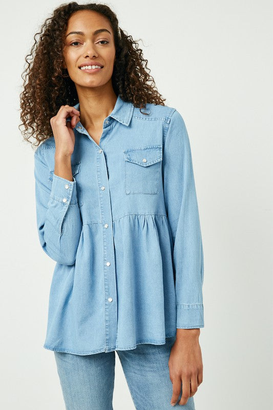 Lottie Button Down Denim Peplum Blouse: Light Denim